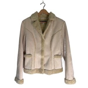 Vintage Mudd Jacket Faux Fur‎ Lined Suede Y2K Teddy Cream Button Up Retro Sz S